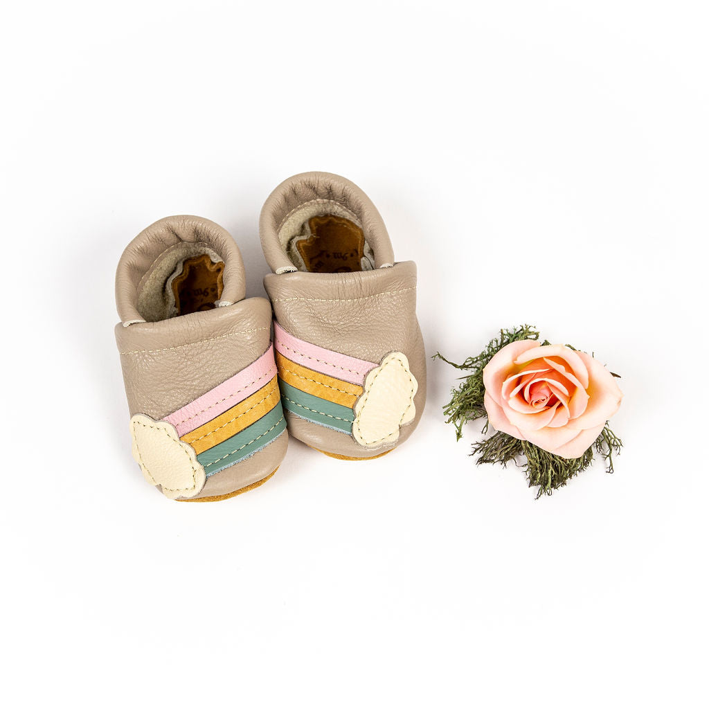 Rainbow on Beige Leather Shoes Moccs Baby and Toddler Baby Shoes Starry Knight Design   