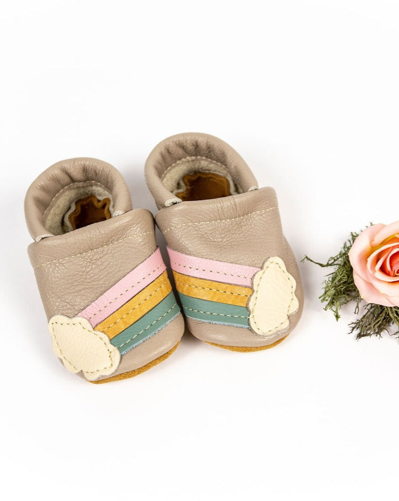 Rainbow on Beige Leather Shoes Moccs Baby and Toddler Baby Shoes Starry Knight Design   