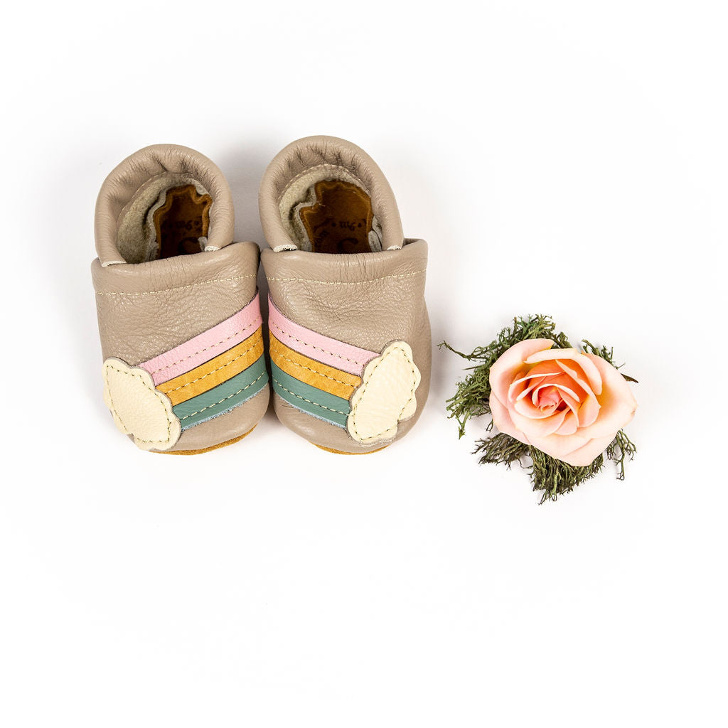 Rainbow on Beige Leather Shoes Moccs Baby and Toddler Baby Shoes Starry Knight Design   