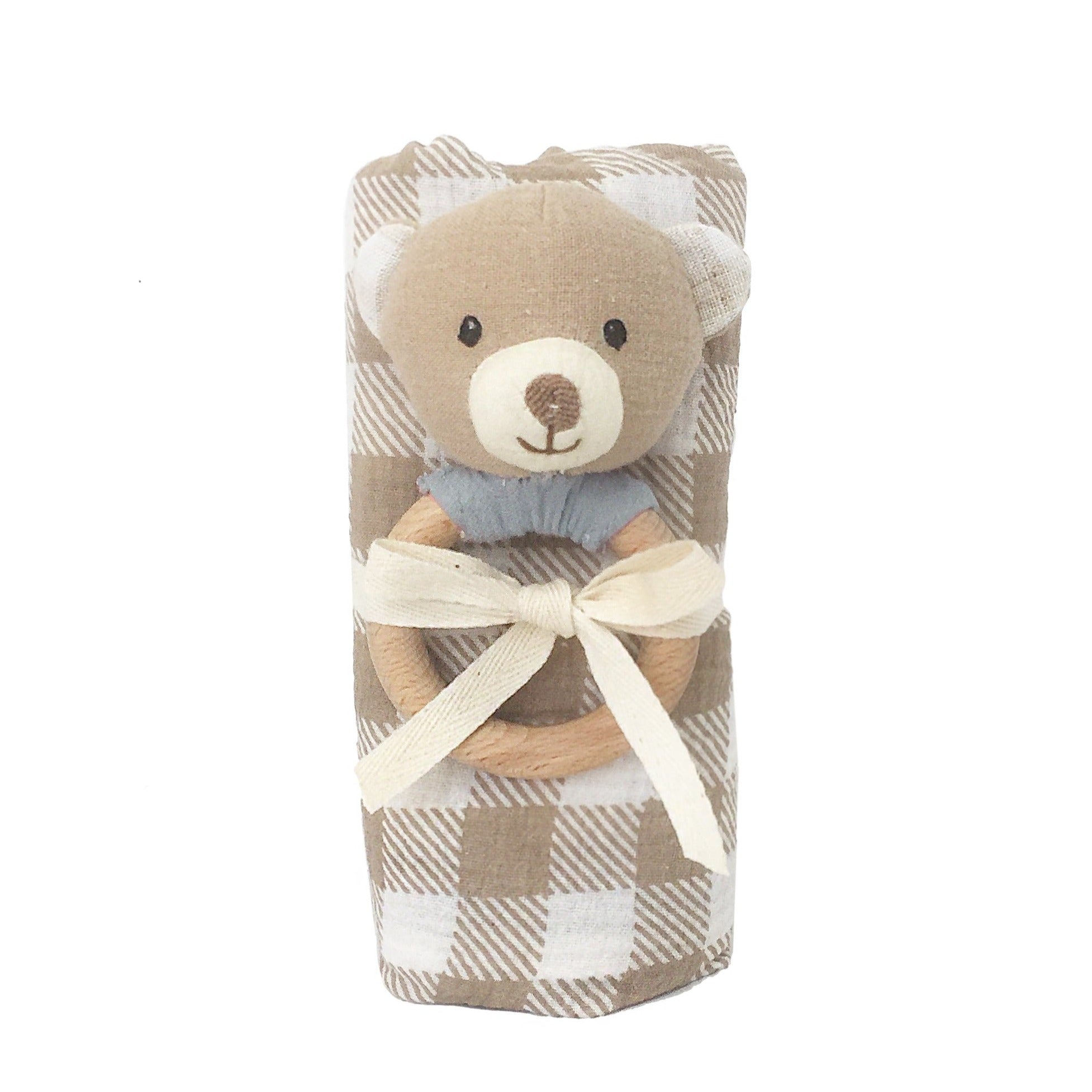 GINGHAM MUSLIN AND BEAR WOOD RATTLE GIFT SET Blanket MON AMI   