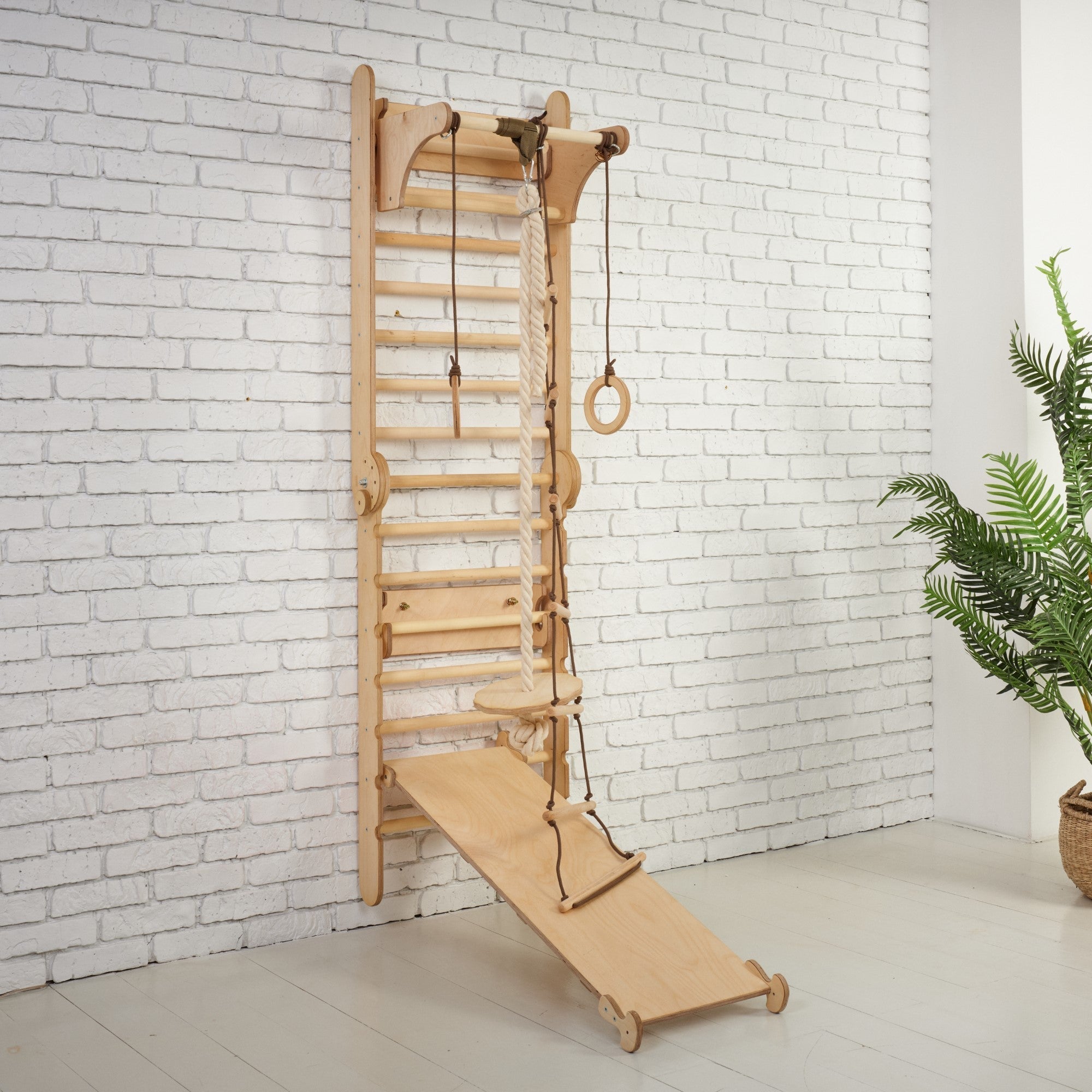 5in1: Wooden Swedish Wall / Climbing ladder for Children + Swing Set + Slide Board + Art Add-on Swesdish wall Goodevas   