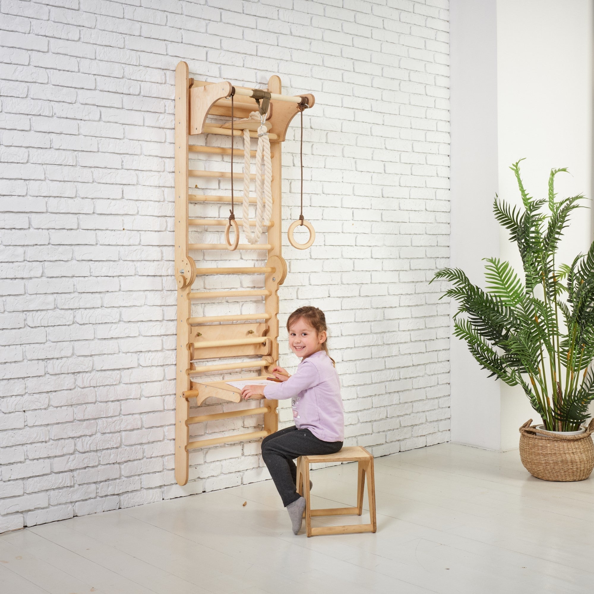 5in1: Wooden Swedish Wall / Climbing ladder for Children + Swing Set + Slide Board + Art Add-on Swesdish wall Goodevas   