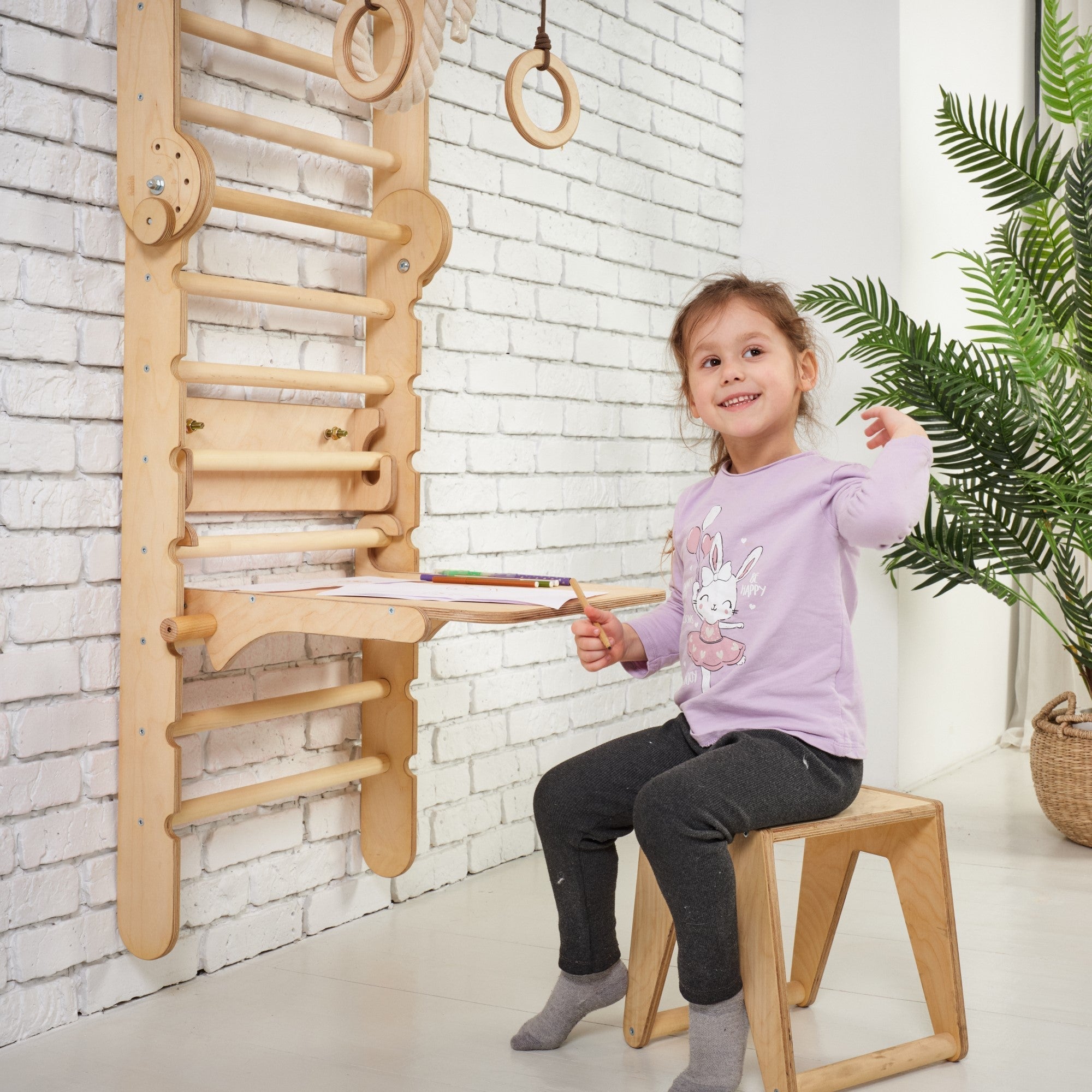 5in1: Wooden Swedish Wall / Climbing ladder for Children + Swing Set + Slide Board + Art Add-on Swesdish wall Goodevas   