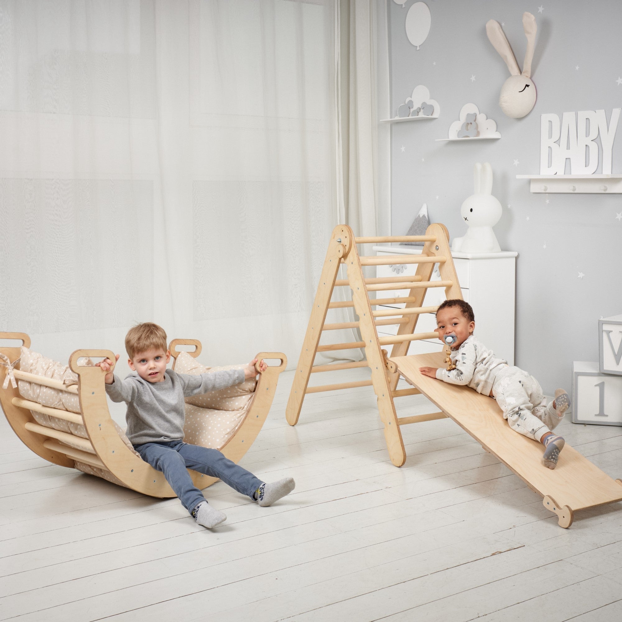 3in1 Montessori Climbing Set: Triangle Ladder + Wooden Arch + Slide Board – Beige NEW 3in1 Playsets Goodevas   