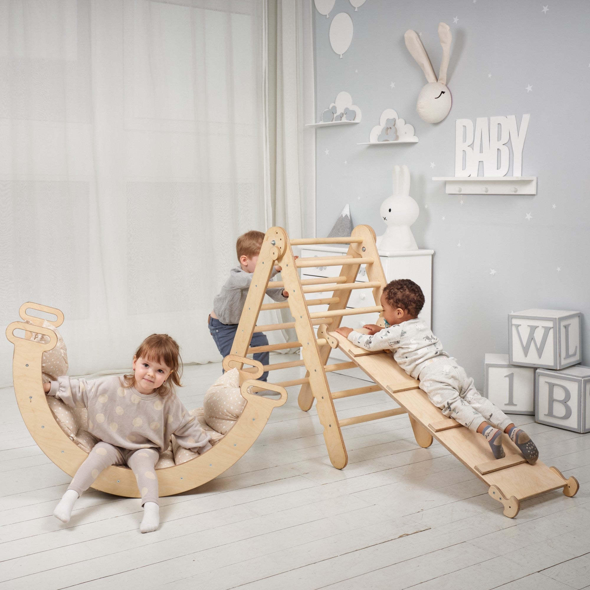 3in1 Montessori Climbing Set: Triangle Ladder + Wooden Arch + Slide Board – Beige NEW 3in1 Playsets Goodevas   