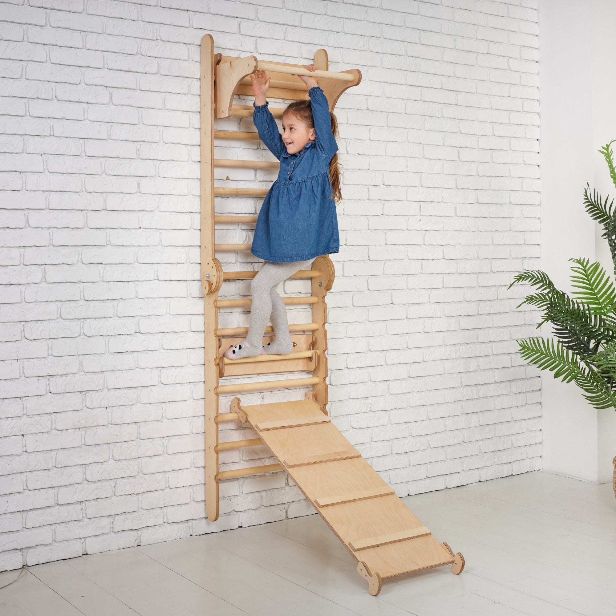 5in1: Wooden Swedish Wall / Climbing ladder for Children + Swing Set + Slide Board + Art Add-on Swesdish wall Goodevas   