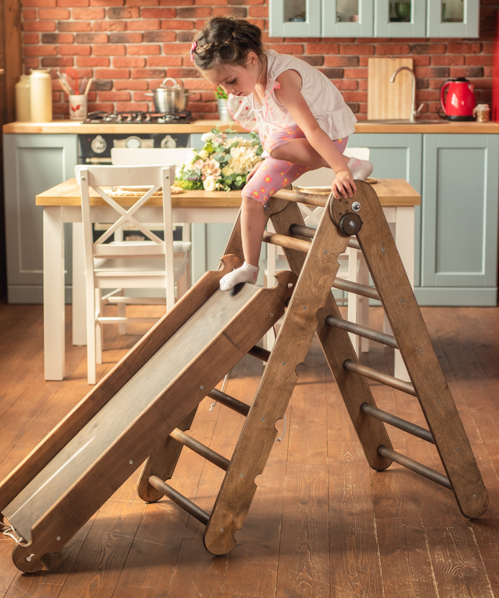 2in1 Montessori Climbing Frame Set: Triangle Ladder + Slide Board/Ramp – Chocolate 2in1 Playsets Goodevas   