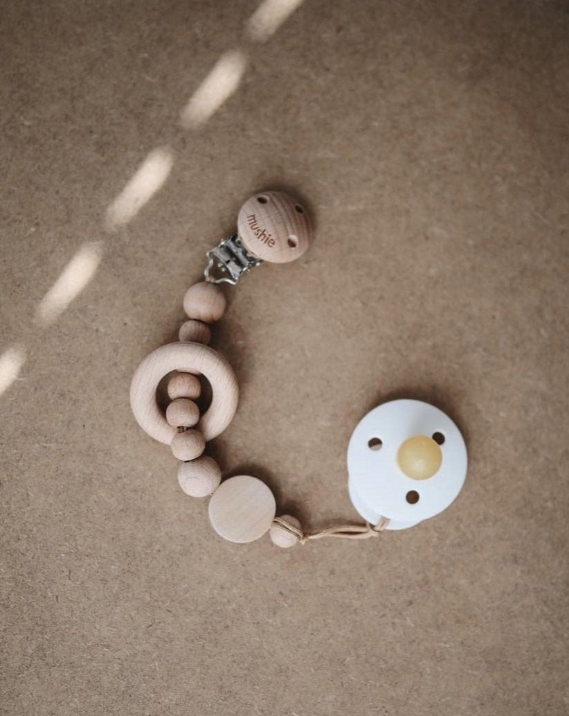 Wooden Pacifier Rattle Clip - Sunny Baby Essentials Mushie   