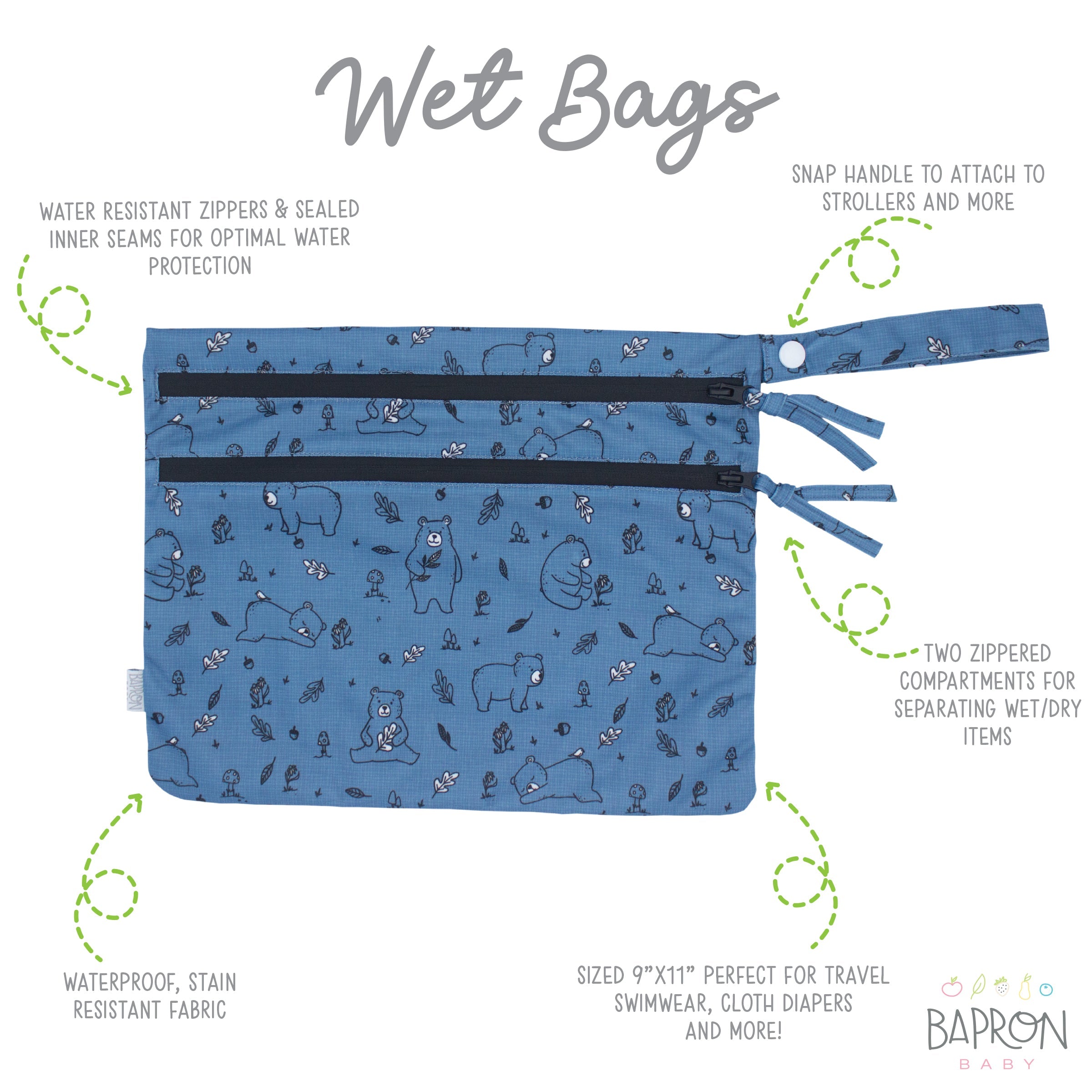 Bears In Blue - Waterproof Wet Bag (For mealtime, on-the-go, and more!)  BapronBaby   