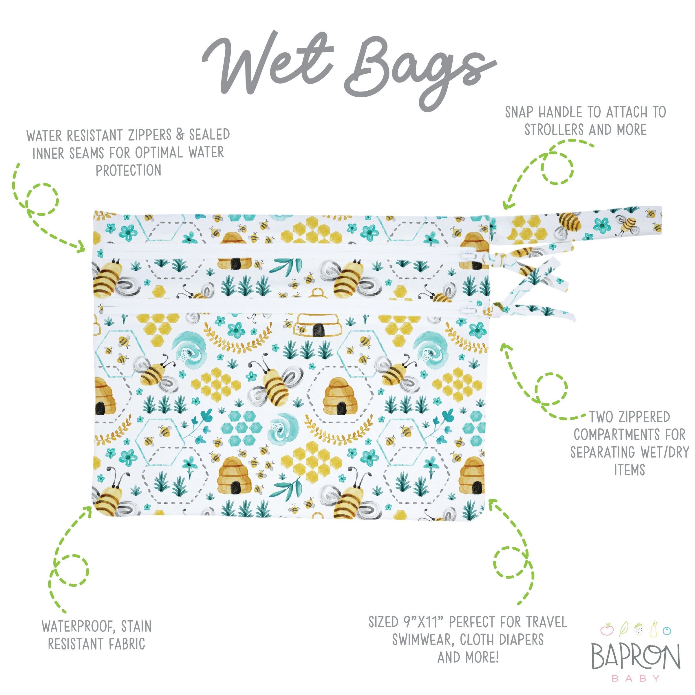 Busy Bees - Waterproof Wet Bag (For mealtime, on-the-go, and more!)  BapronBaby   