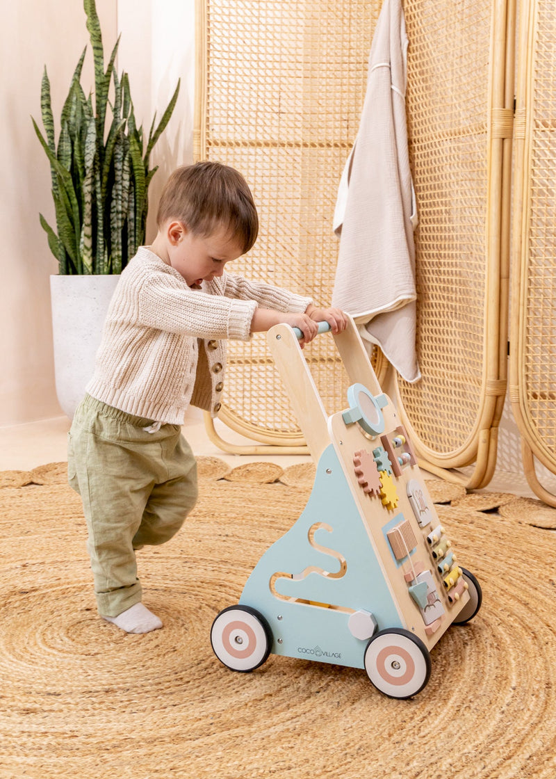 Haus Projekt Safari Wooden Baby Walker, Activity Cart for Babies & Toddlers  With Sensory Toys 