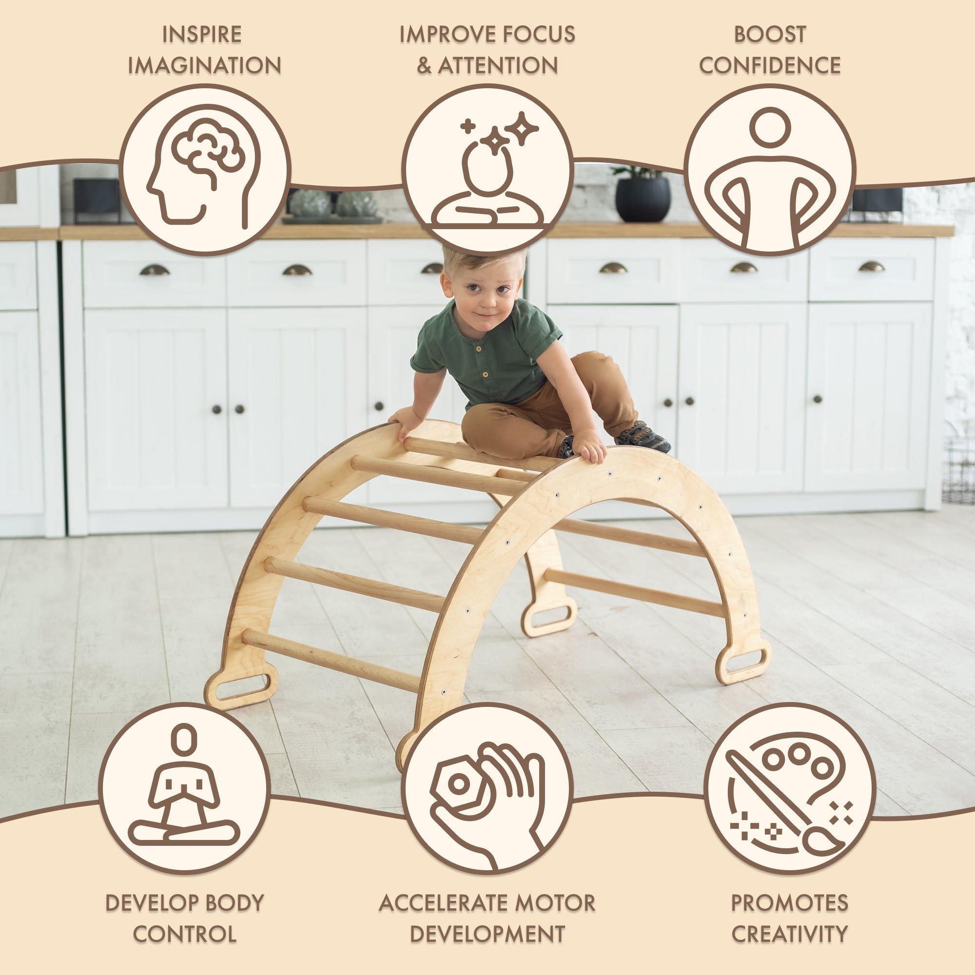 Climbing Arch & Rocker Balance - Montessori Climbers for Kids 1-7 y.o. – Beige Single Ladders Goodevas   