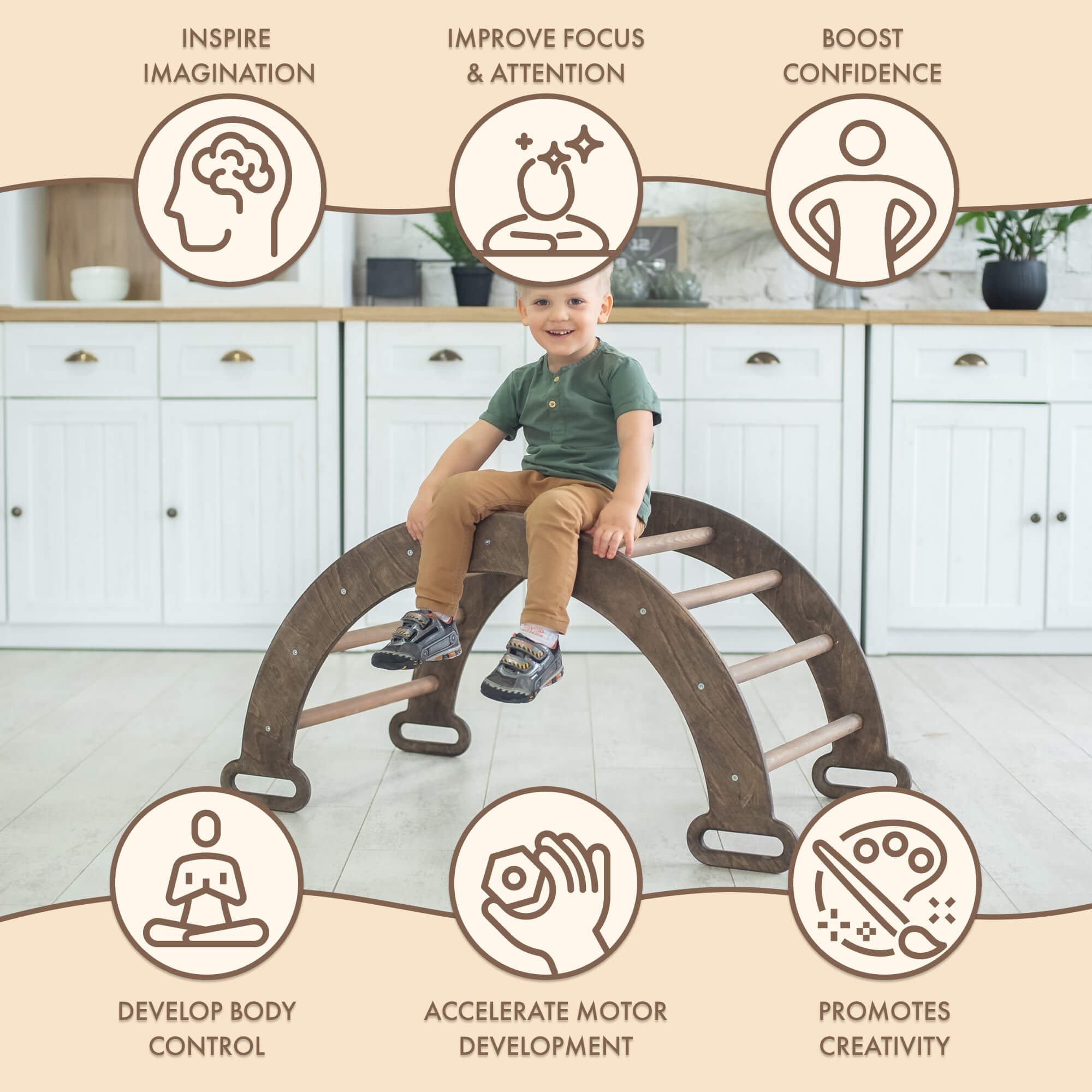 Climbing Arch & Rocker Balance - Montessori Climbers for Kids 1-7 y.o. – Chocolate Single Ladders Goodevas   