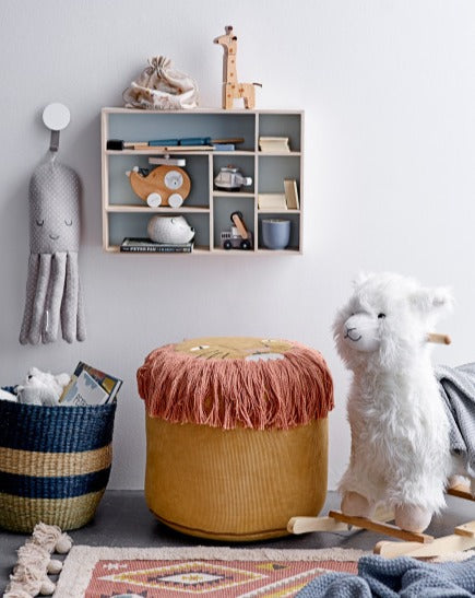 Lion's Face Mustard Yellow Cotton Corduroy Pouf with Embroidered Face & Long Fringe Playroom Furniture Bloomingville   