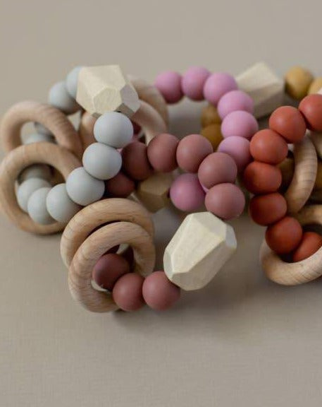 Mia Teething Rattle - Taupe Baby Essentials Three Hearts   