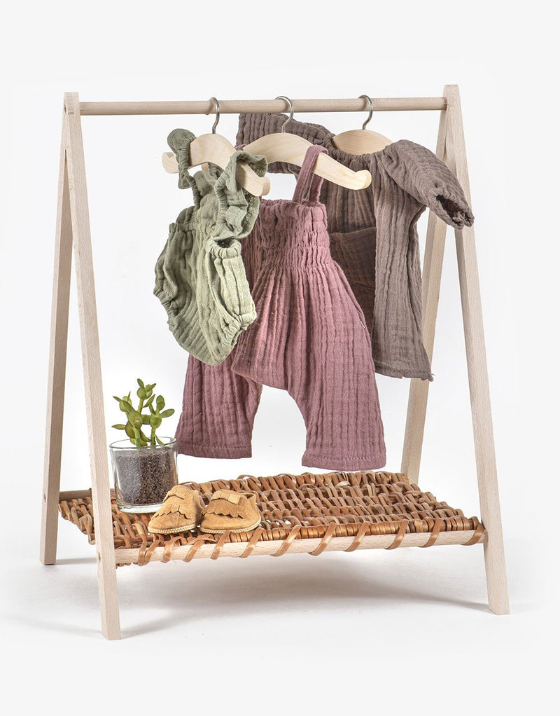 MiniKane Wooden Doll Clothing Rack with Rattan Shelf