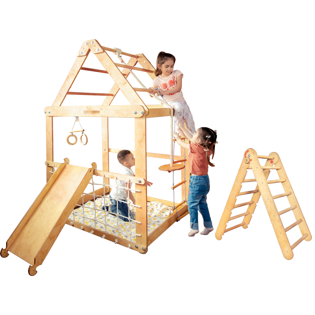 Indoor Wooden Playhouse with Triangle ladder, Slide Board and Swings Playhouses Goodevas   