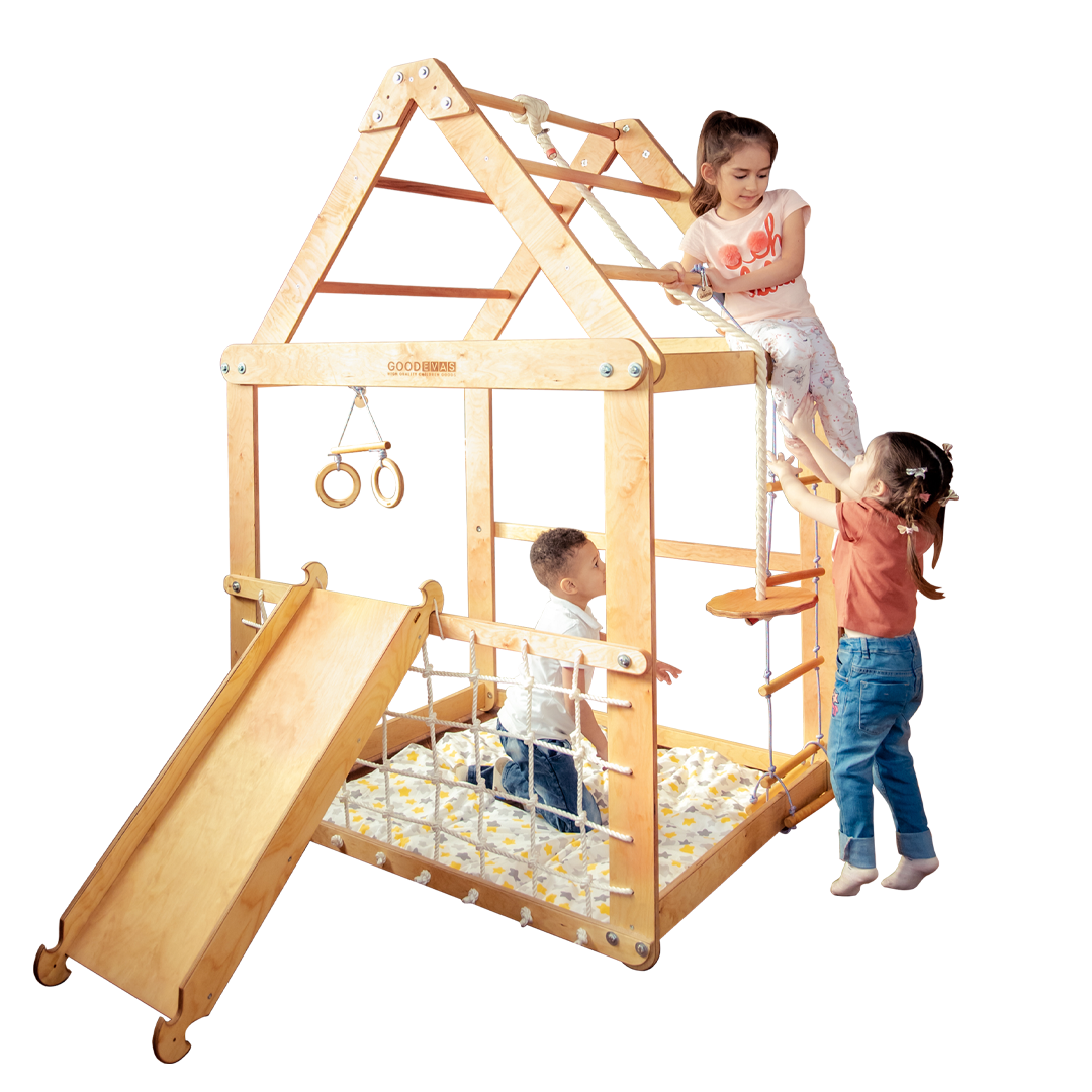 Indoor Wooden Playhouse with Swings and Slide Board Playhouses Goodevas   