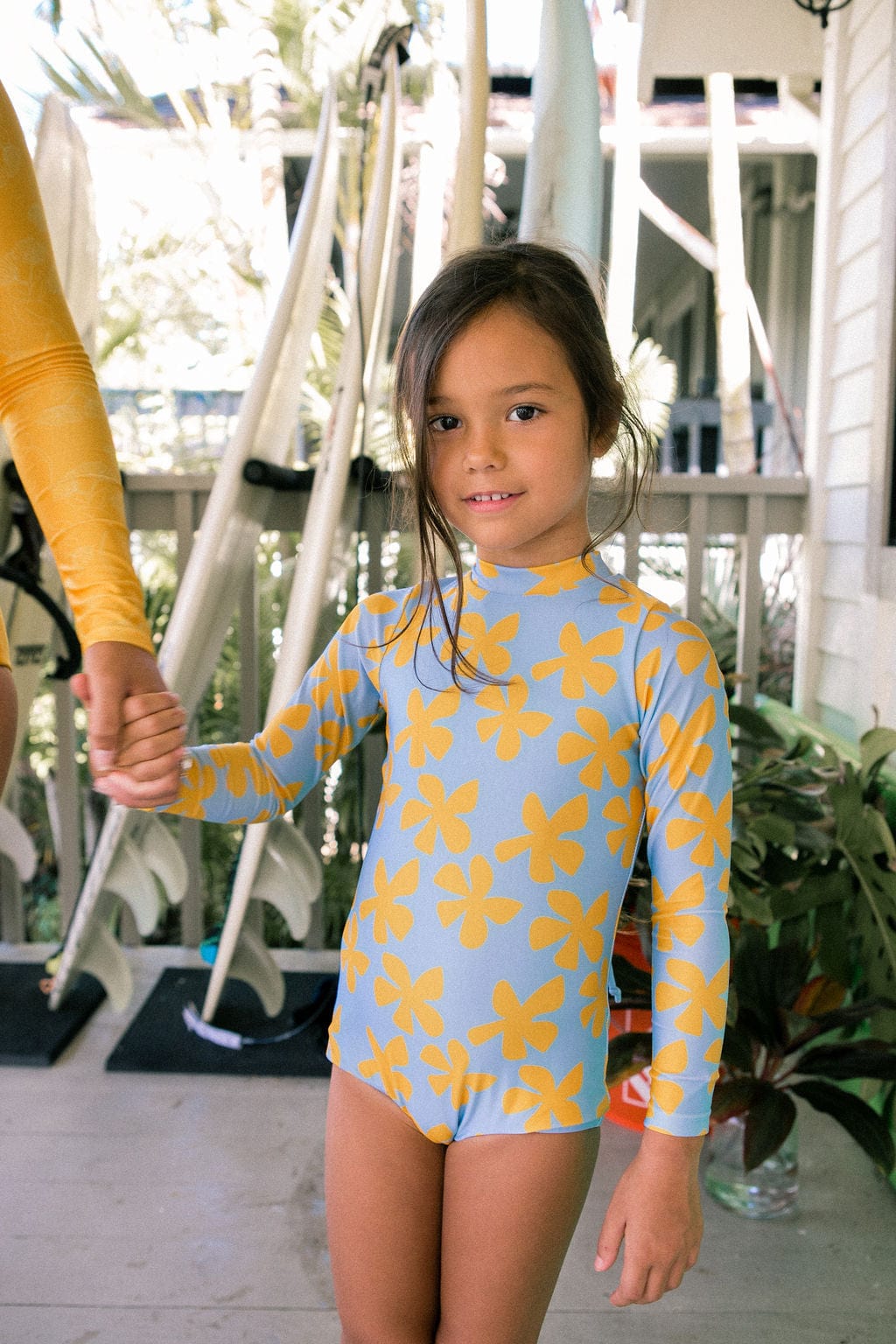 Girl's Long Sleeve Zip Up in Light Blue Plumeria Kids OF ONE SEA 0/1 Light Blue Plumeria 