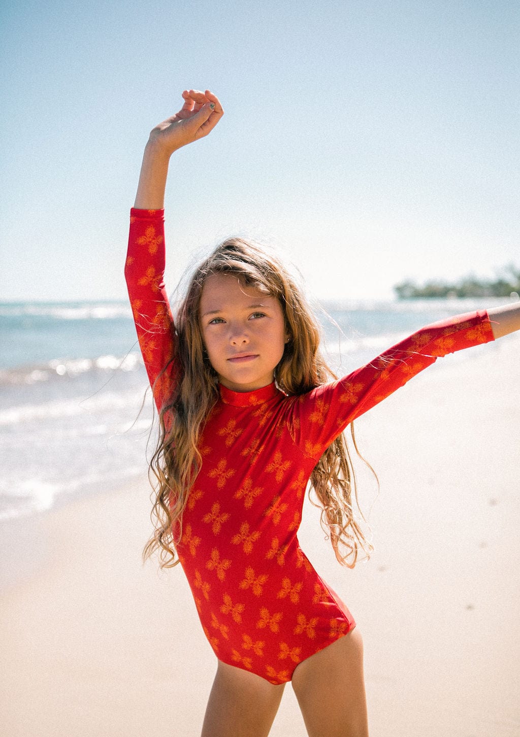 Girl's Long Sleeve Zip Up in Red Breadfruit Bandana Kids OF ONE SEA 0/1 Red Breadfruit Bandana 