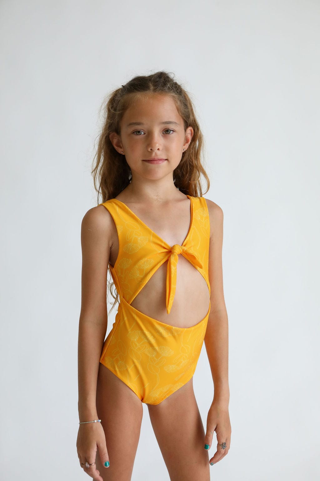 Girl's Cutout One Piece in Yellow Ohia Lehua Print Kids OF ONE SEA 0/1 Yellow Ohia Print 