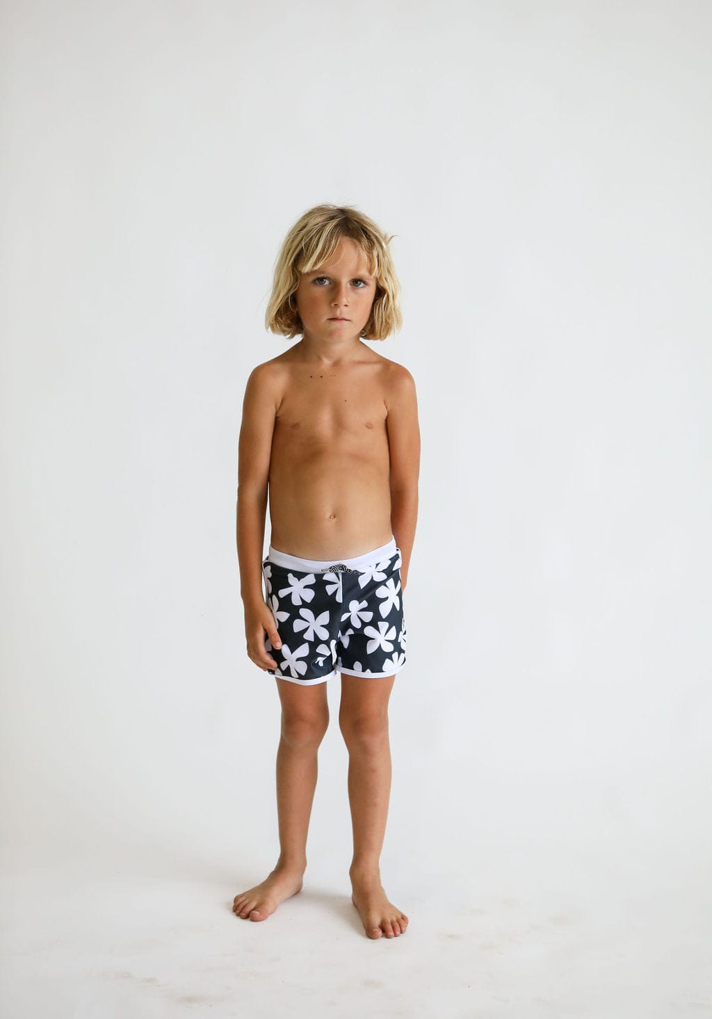 Toddler Soft Shorts for Swim in Black Plumeria Kids OF ONE SEA   