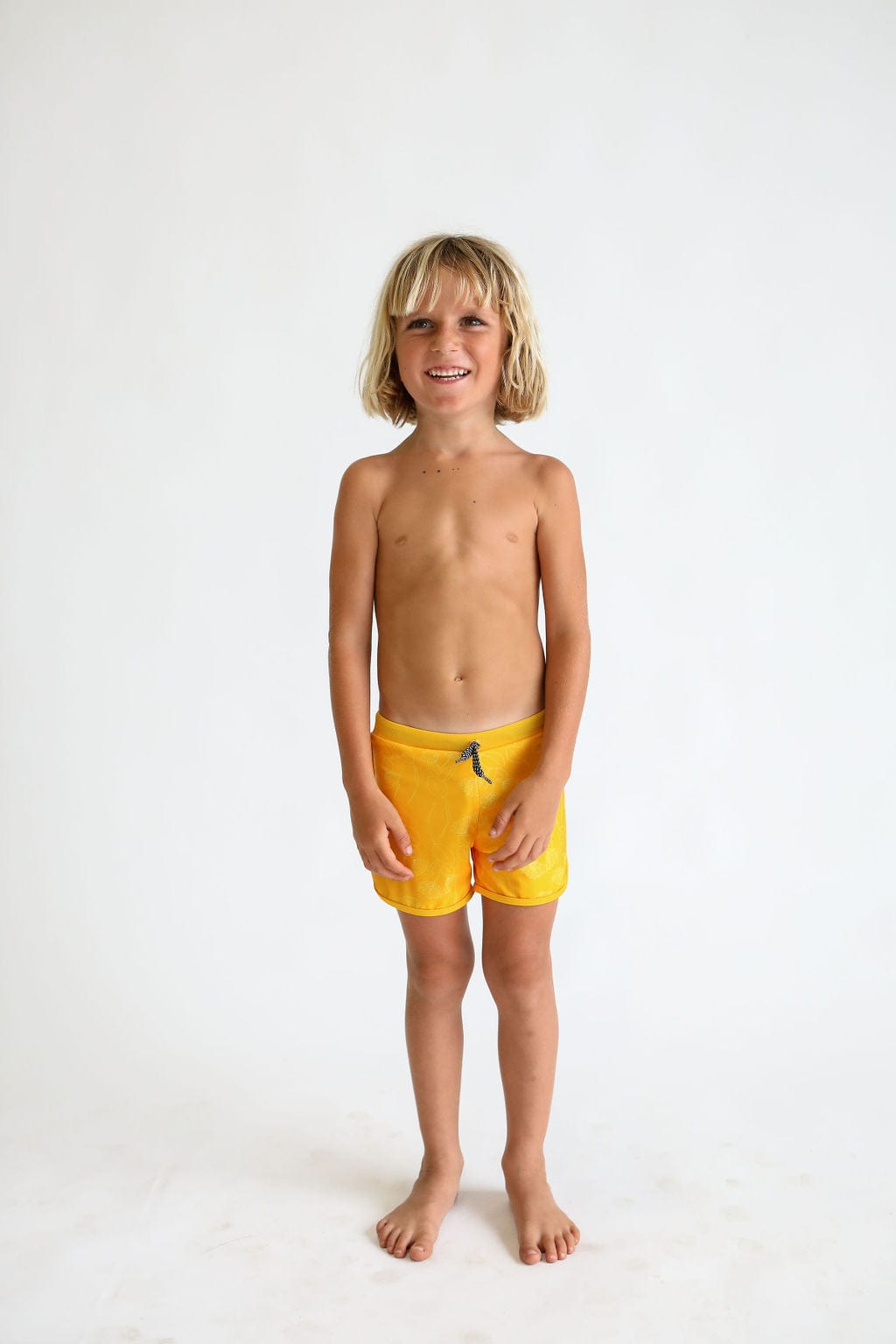 Toddler Soft Shorts for Swim in Yellow Ohia Lehua Print Kids OF ONE SEA   