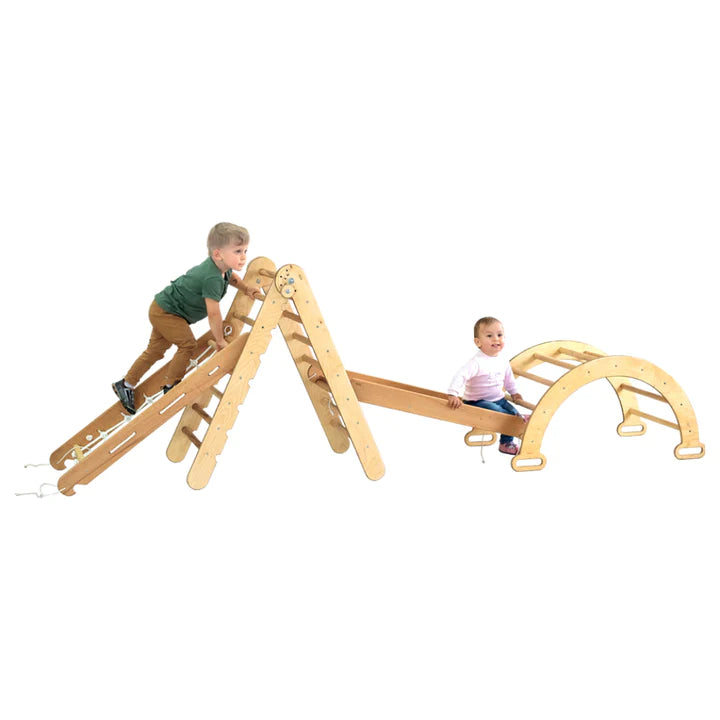 3in1 Montessori Climbing Set: Triangle Ladder + Wooden Arch + Slide Board –  Beige NEW