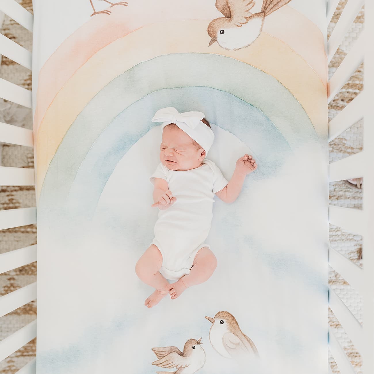 Rainbow and Birds Standard Size Crib Sheet Crib sheets Rookie Humans   