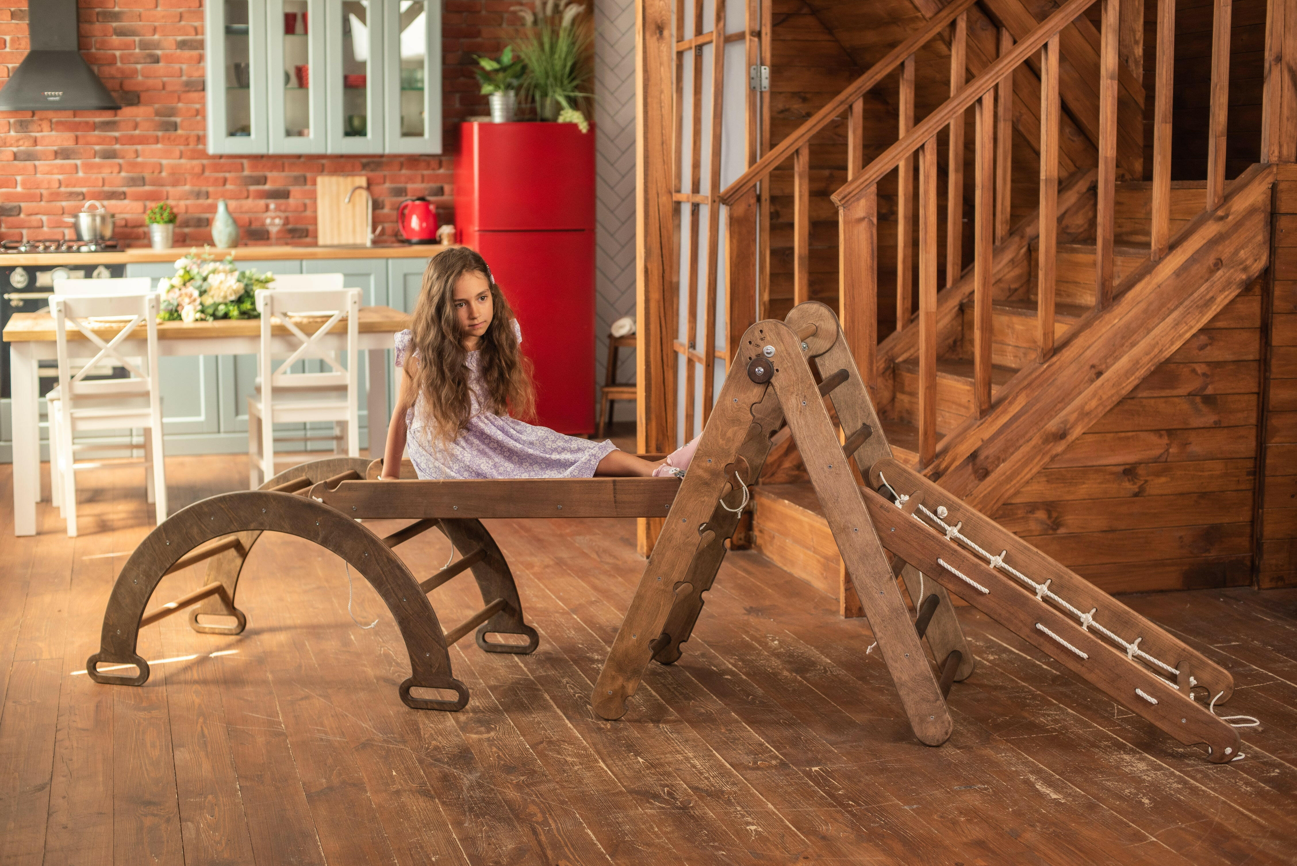 4in1 Montessori Climbing Set: Triangle Ladder + Arch/Rocker + Slide Board/Ramp + Net – Chocolate 4in1 Playsets Goodevas   