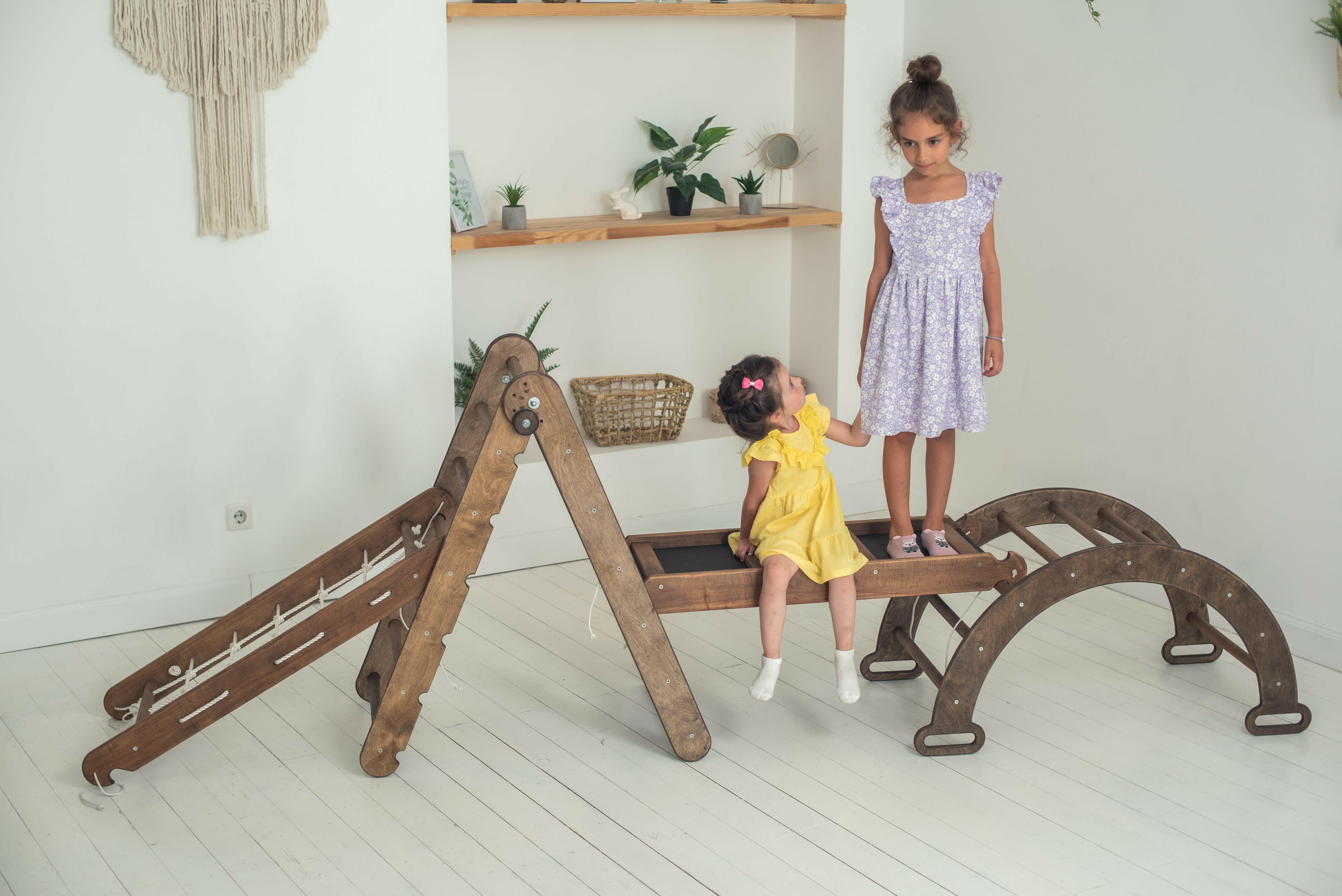 4in1 Montessori Climbing Set: Triangle Ladder + Arch/Rocker + Slide Board/Ramp + Net – Chocolate 4in1 Playsets Goodevas   