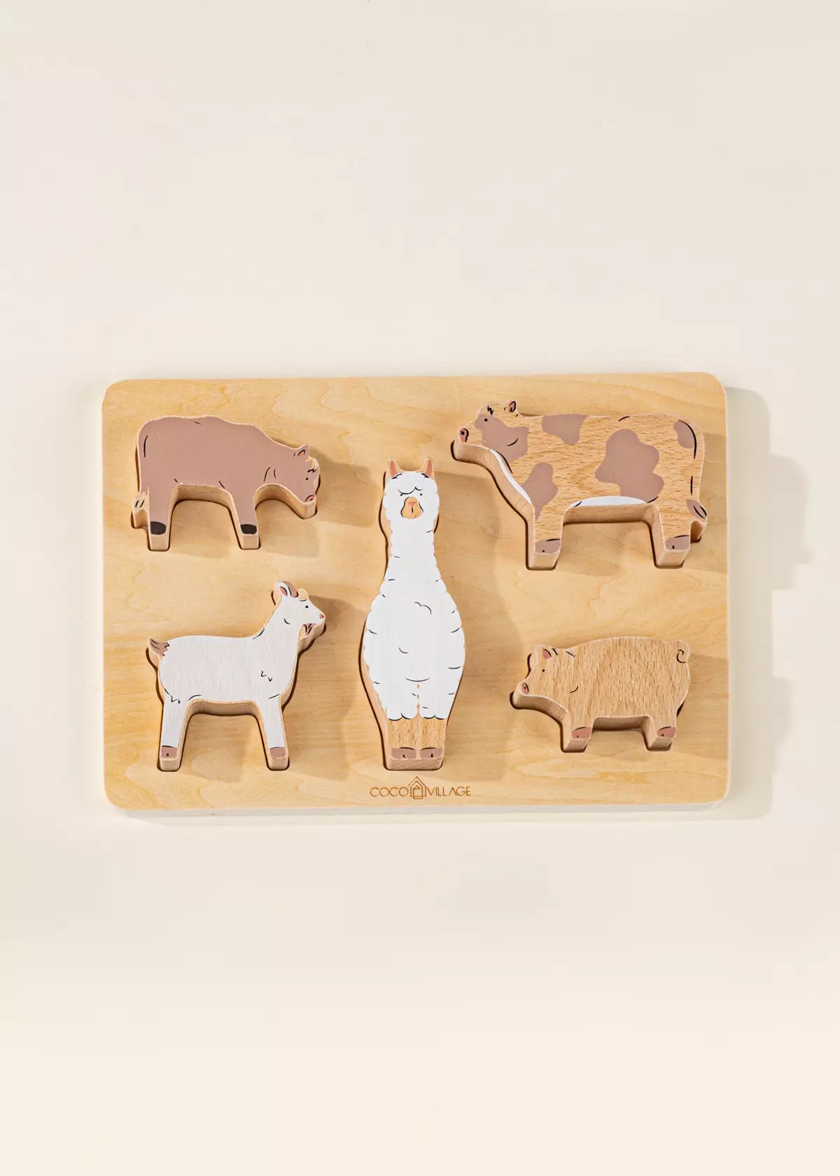 Set of 5 Barn Animals on Wooden Plate Animal Figures Coco Village   