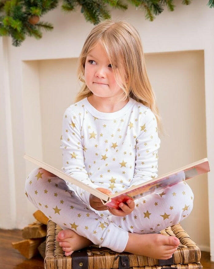 Organic Long Sleeve Pajamas- Stars White Pajamas Skylar Luna   