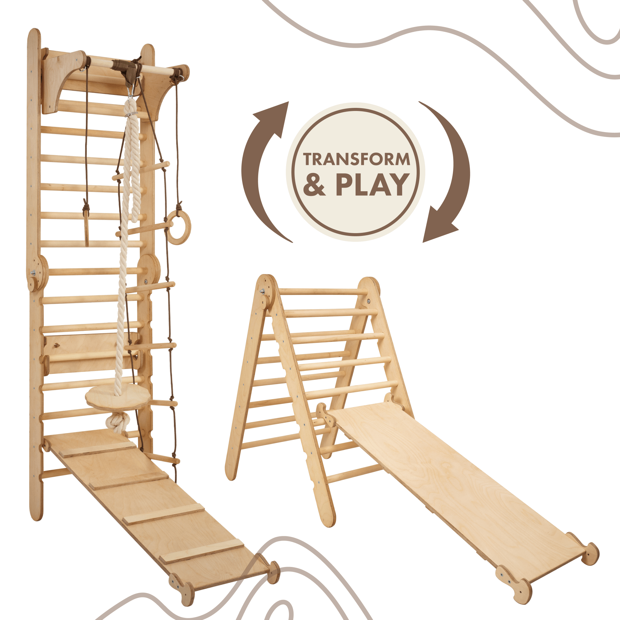 3in1: Wooden Swedish Wall / Climbing ladder for Children + Swing Set + Slide Board Swesdish wall Goodevas   