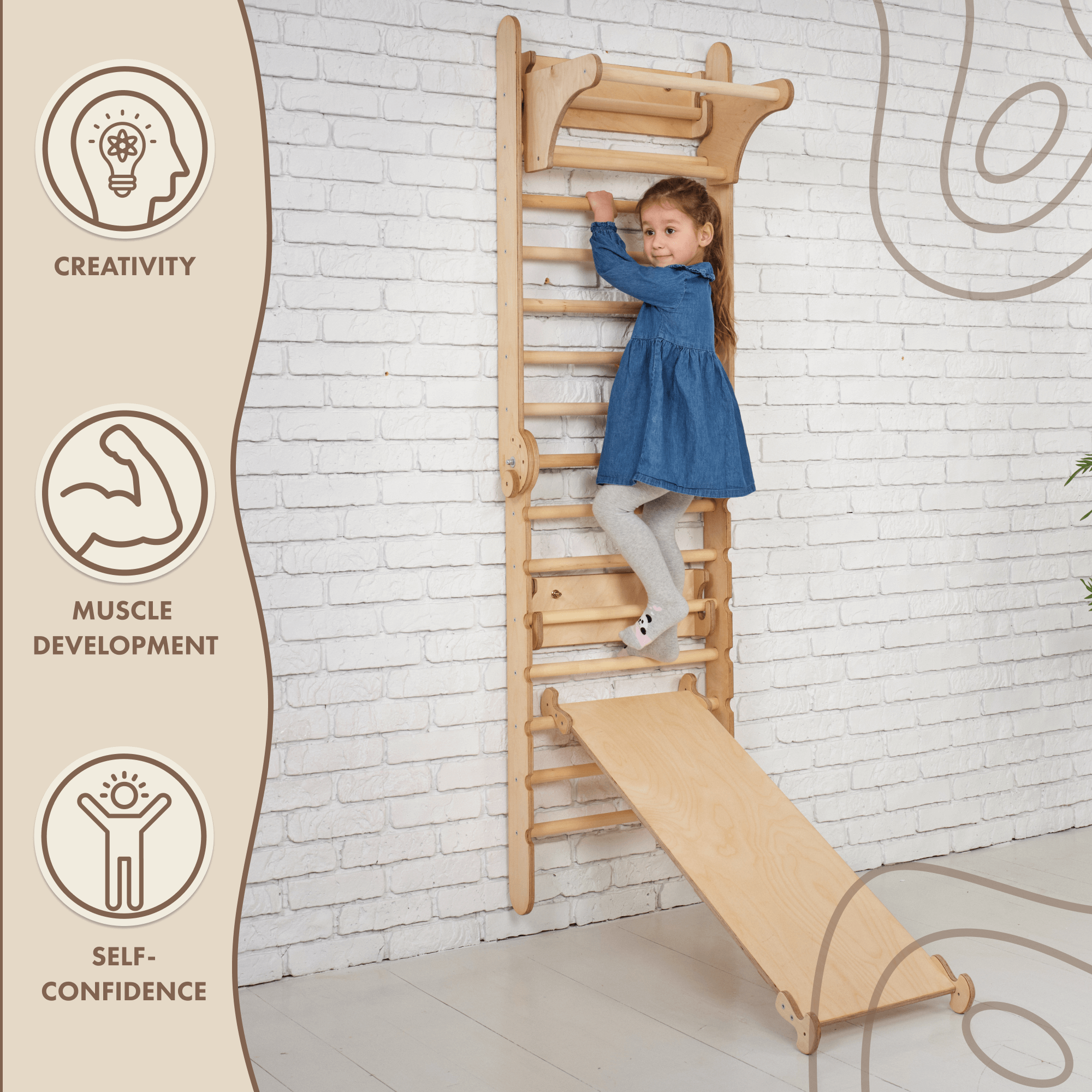 3in1: Wooden Swedish Wall / Climbing ladder for Children + Swing Set + Slide Board Swesdish wall Goodevas   