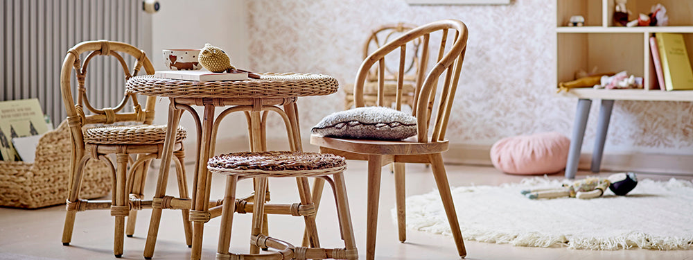 Children's Rattan Table and Chairs Children's Furniture Bloomingville Mini   