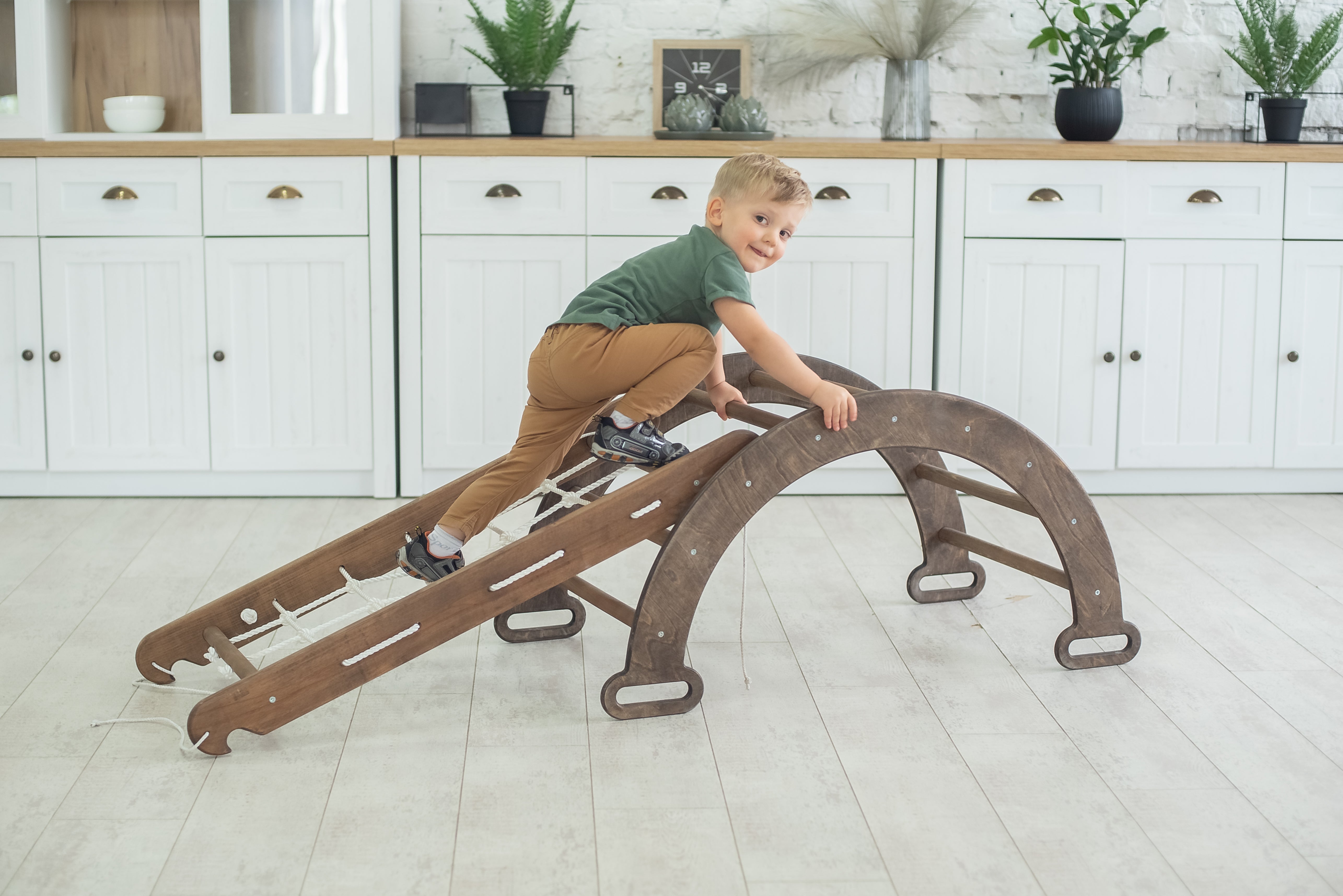 3in1 Montessori Set - Triangle Ladder + Wooden Arch + Climbing Net - Chocolate Color 3in1 Playsets Goodevas   