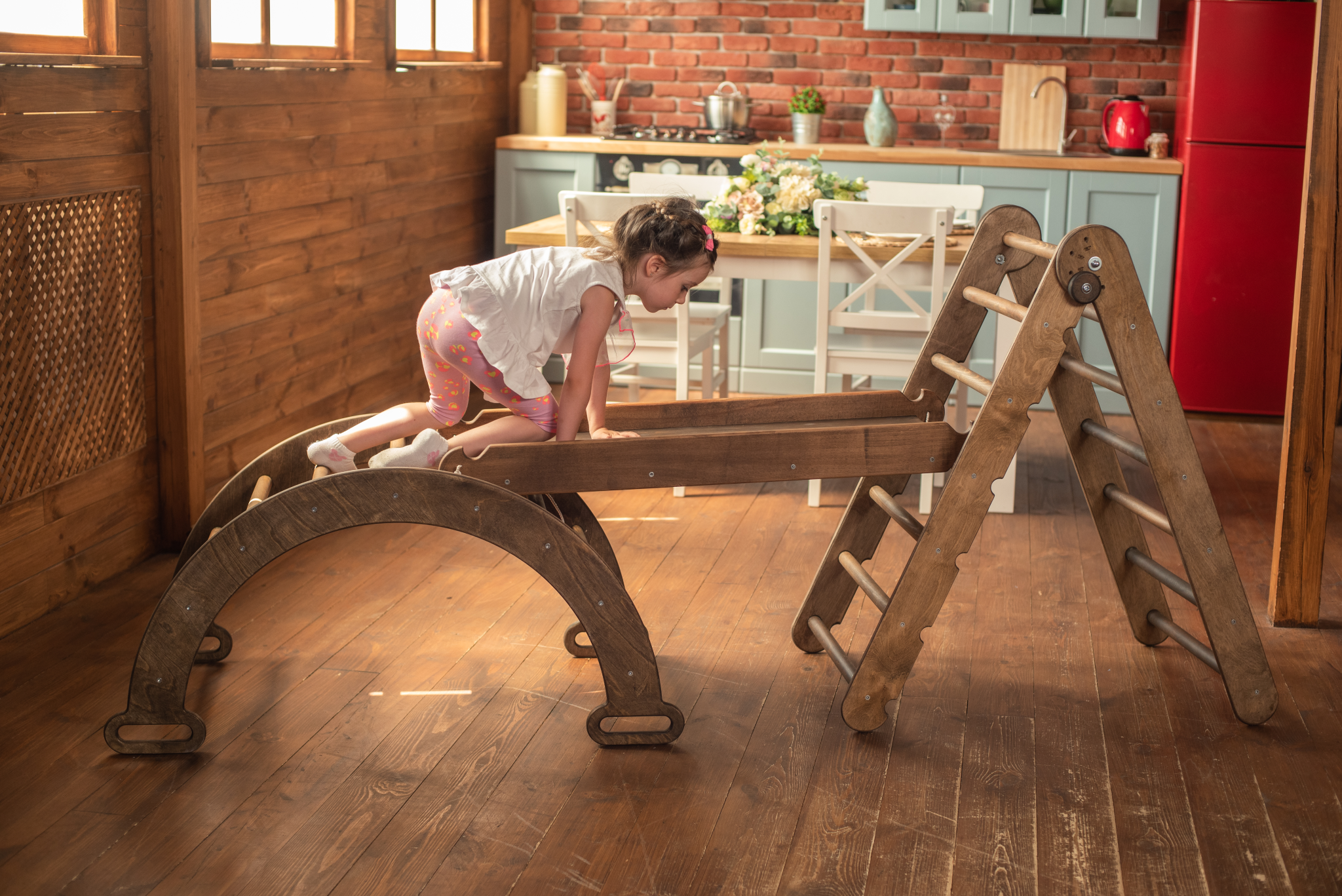 3in1 Montessori Climbing Set: Triangle Ladder + Arch/Rocker Balance + Slide Board – Chocolate 3in1 Playsets Goodevas   