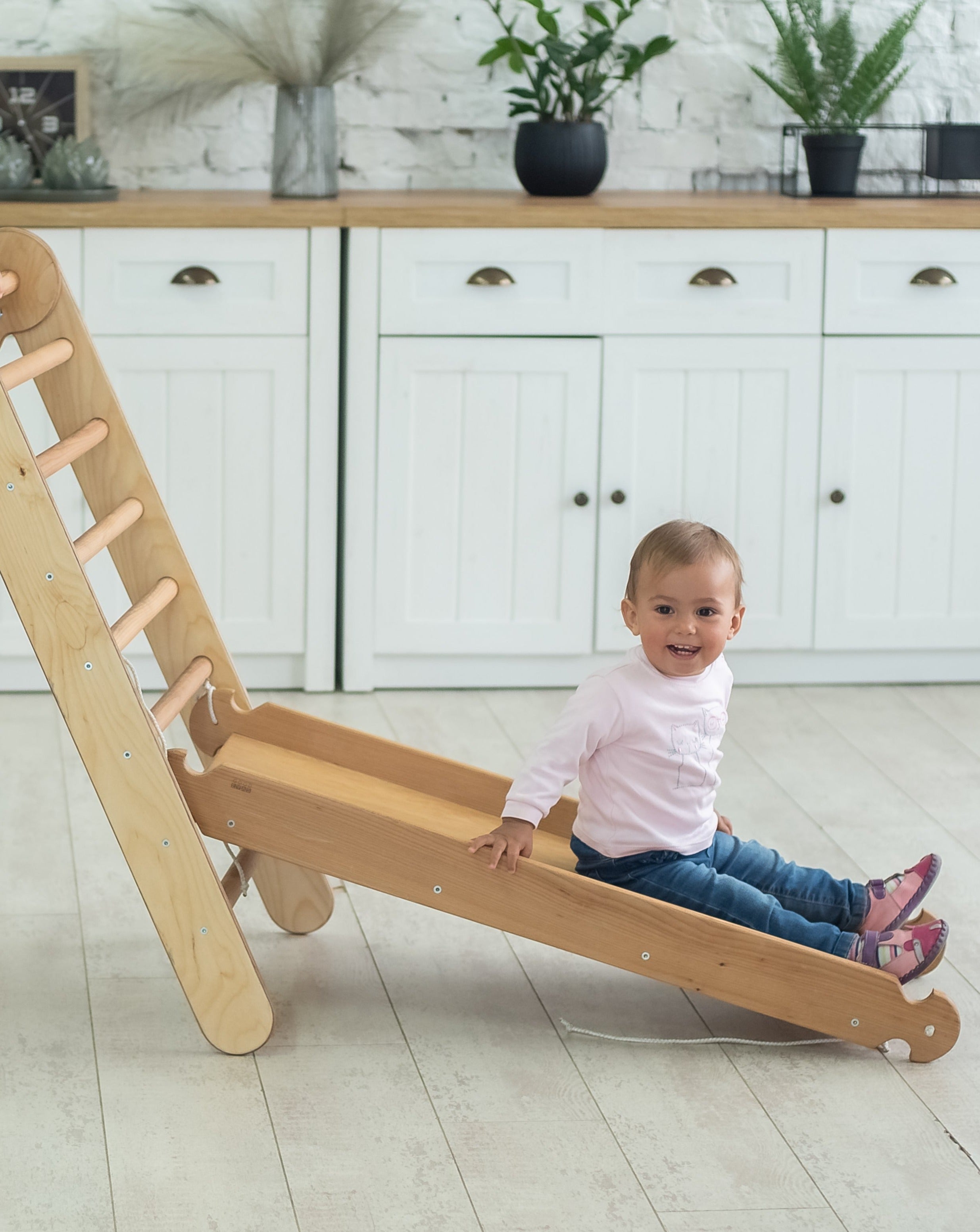 2in1 Montessori Climbing Set: Triangle Ladder + Slide Board/Ramp – Beige 2in1 Playsets Goodevas   