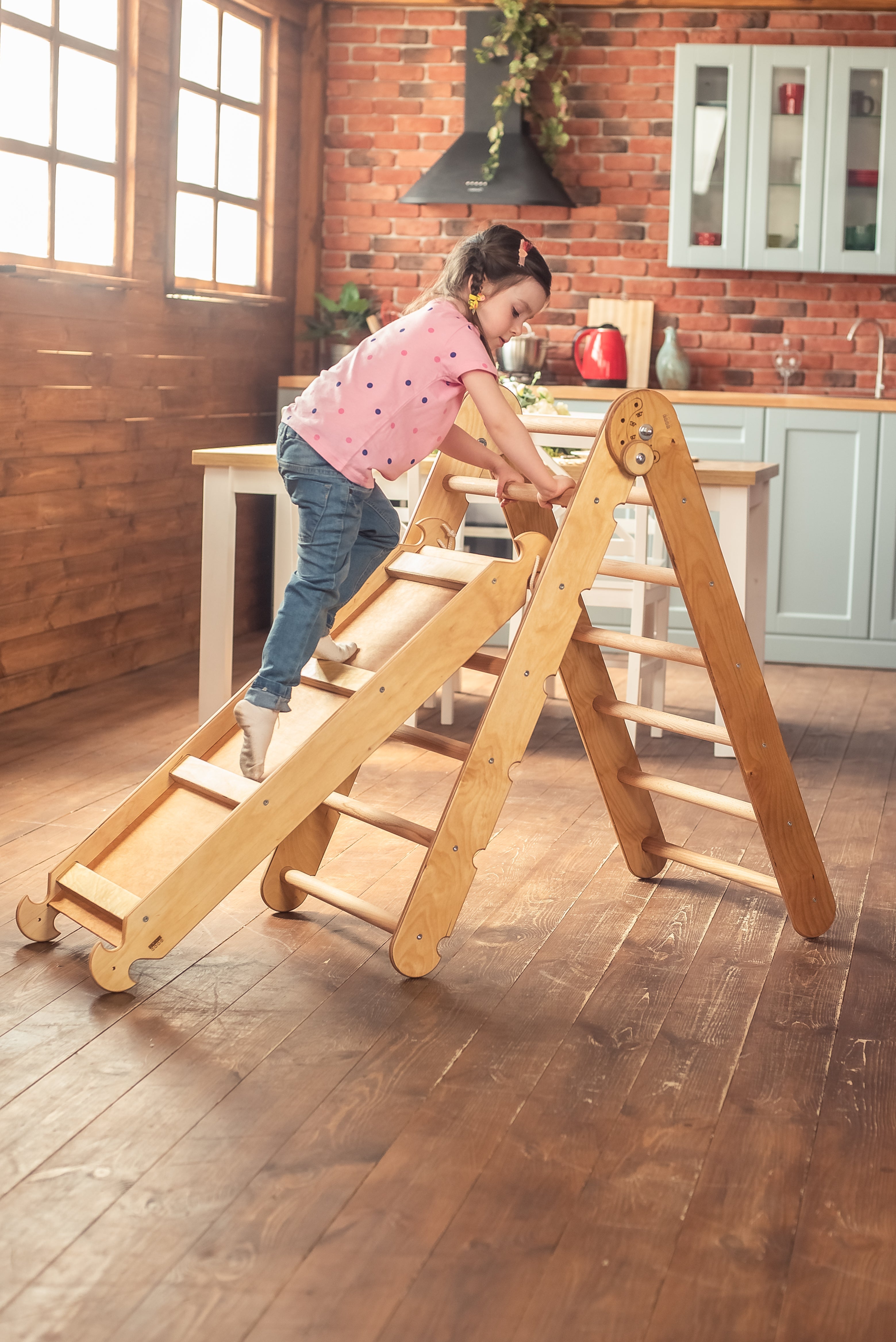 2in1 Montessori Climbing Set: Triangle Ladder + Slide Board/Ramp – Beige 2in1 Playsets Goodevas   