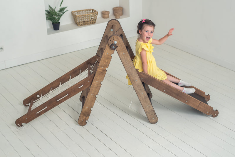 3in1 Montessori Climbing Frame Set: Triangle Ladder + Slide Board/Ramp + Net – Chocolate