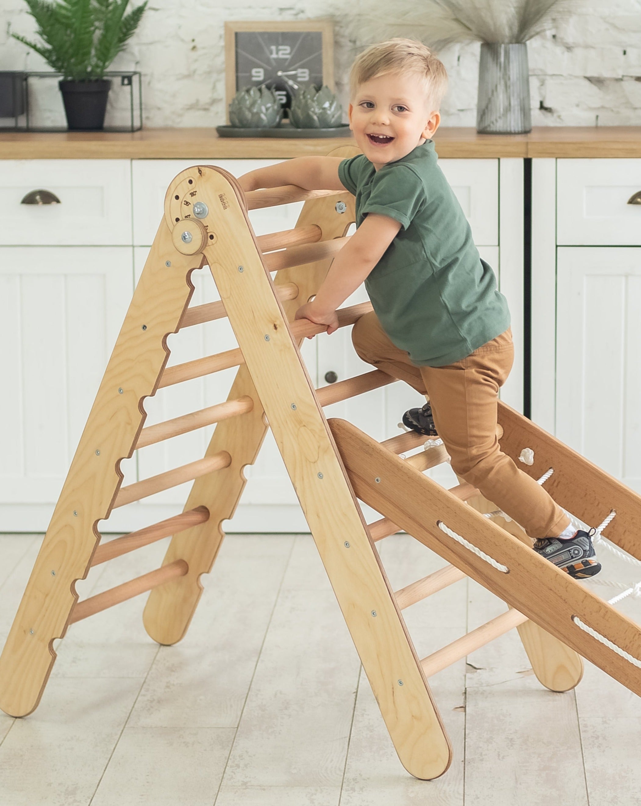 2in1: Montessori Climbing Set: Triangle Ladder + Climbing Net – Beige 2in1 Playsets Goodevas   