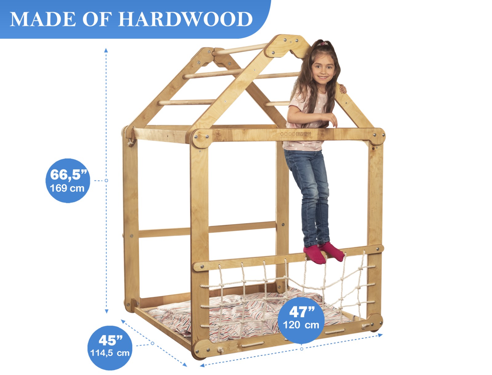 Indoor Wooden Playhouse with Triangle ladder, Slide Board and Swings Playhouses Goodevas   