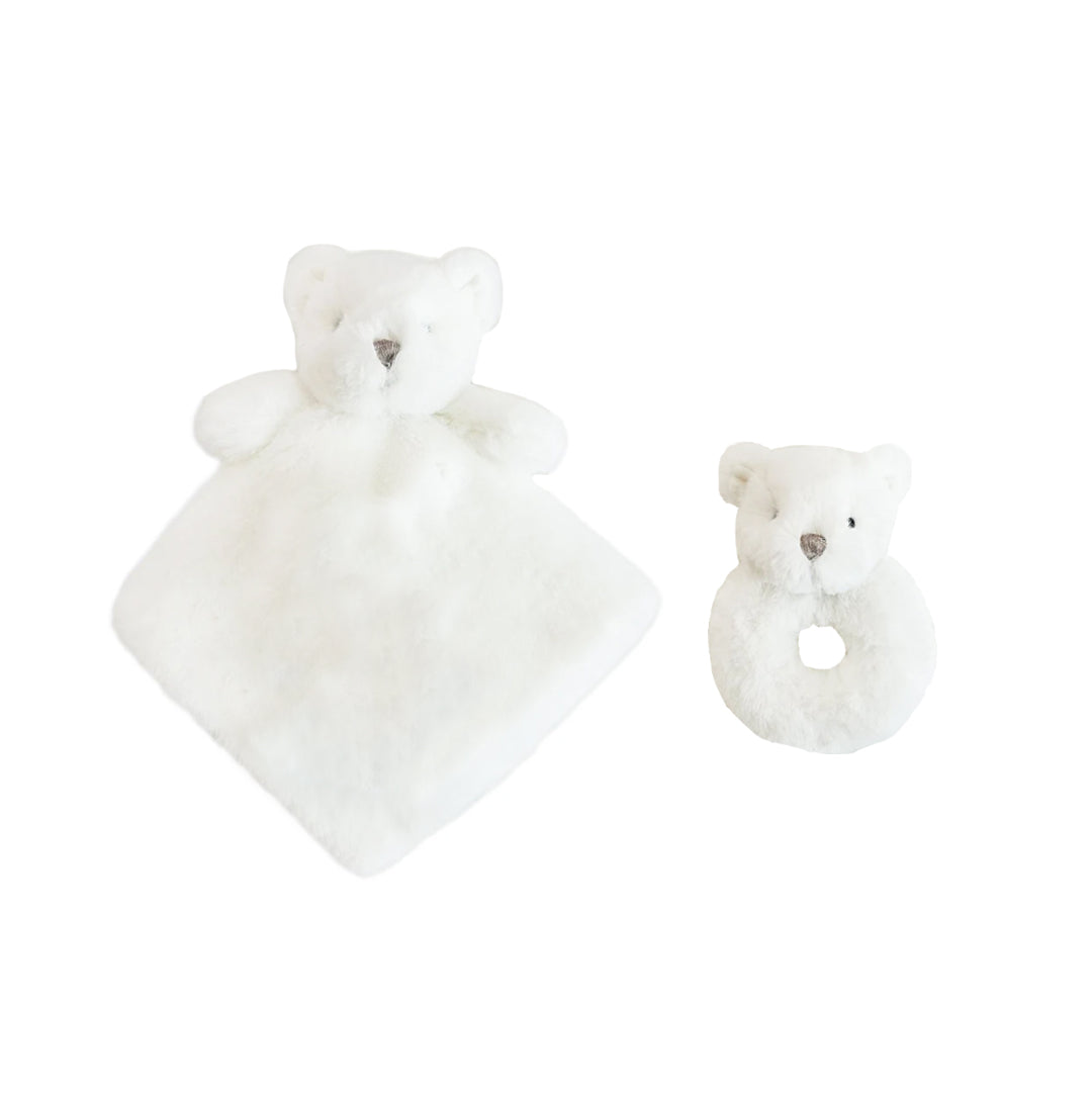 WHITE LUXE BEAR LOVIE AND RATTLE SET Security Blankie MON AMI   