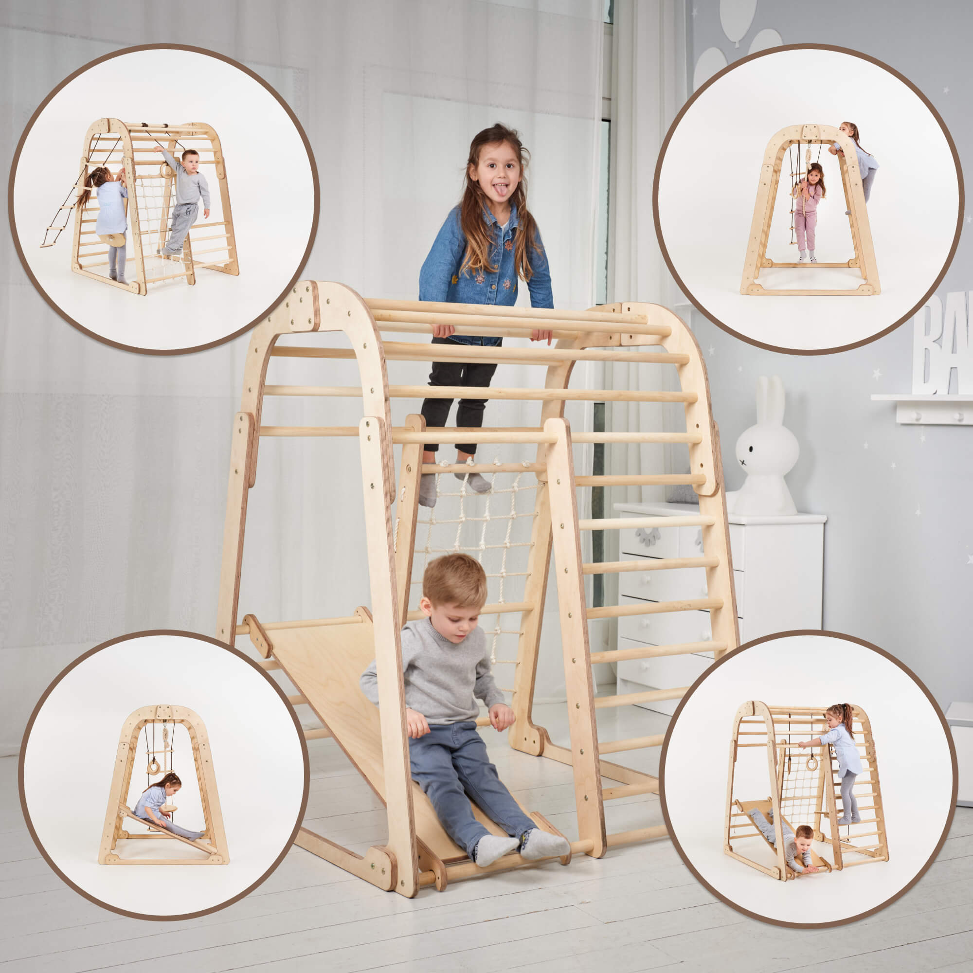 Indoor Wooden Playground for Children - 6in1 Playground + Swings Set + Slide Board  Goodevas   