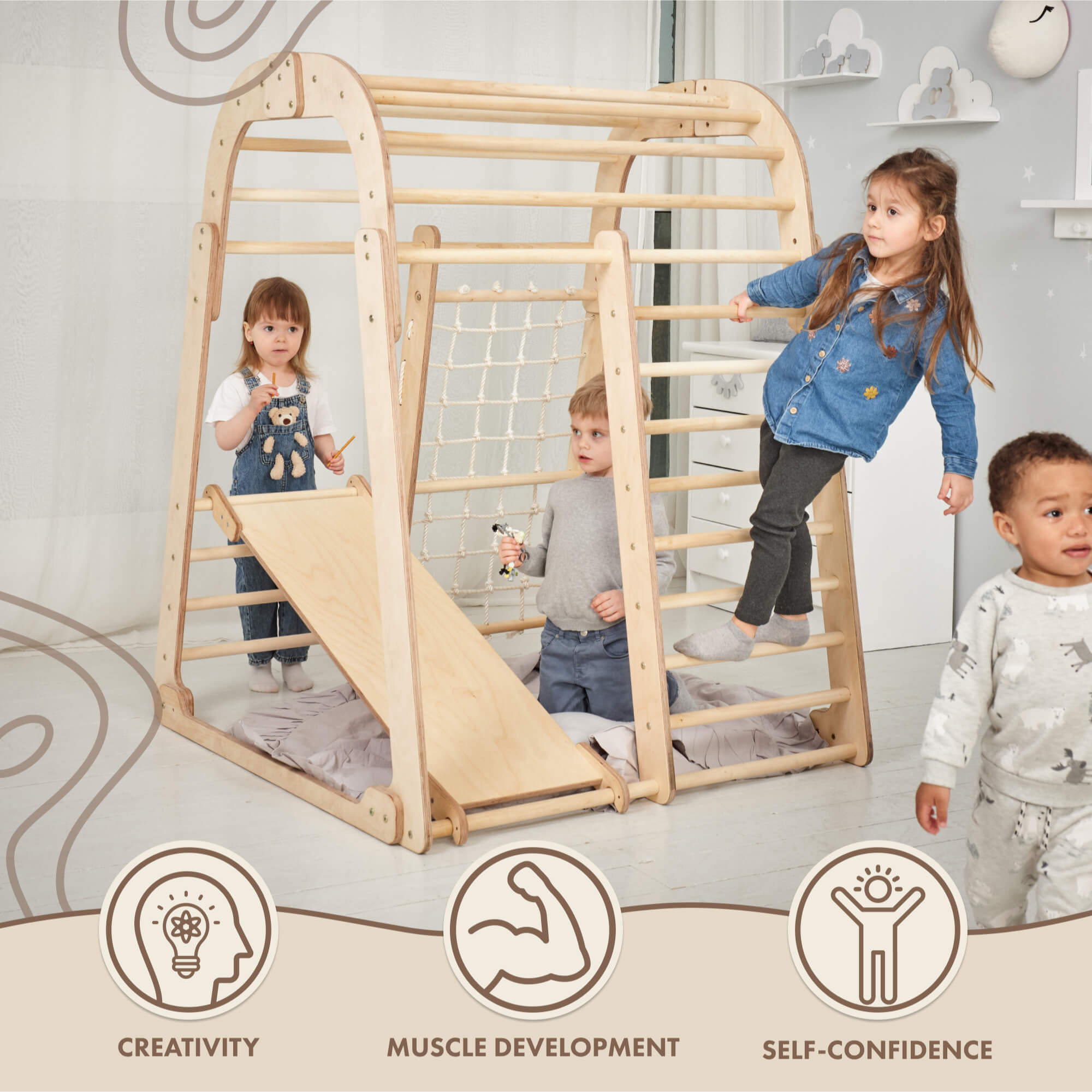 Indoor Wooden Playground for Children - 6in1 Playground + Swings Set + Slide Board  Goodevas   